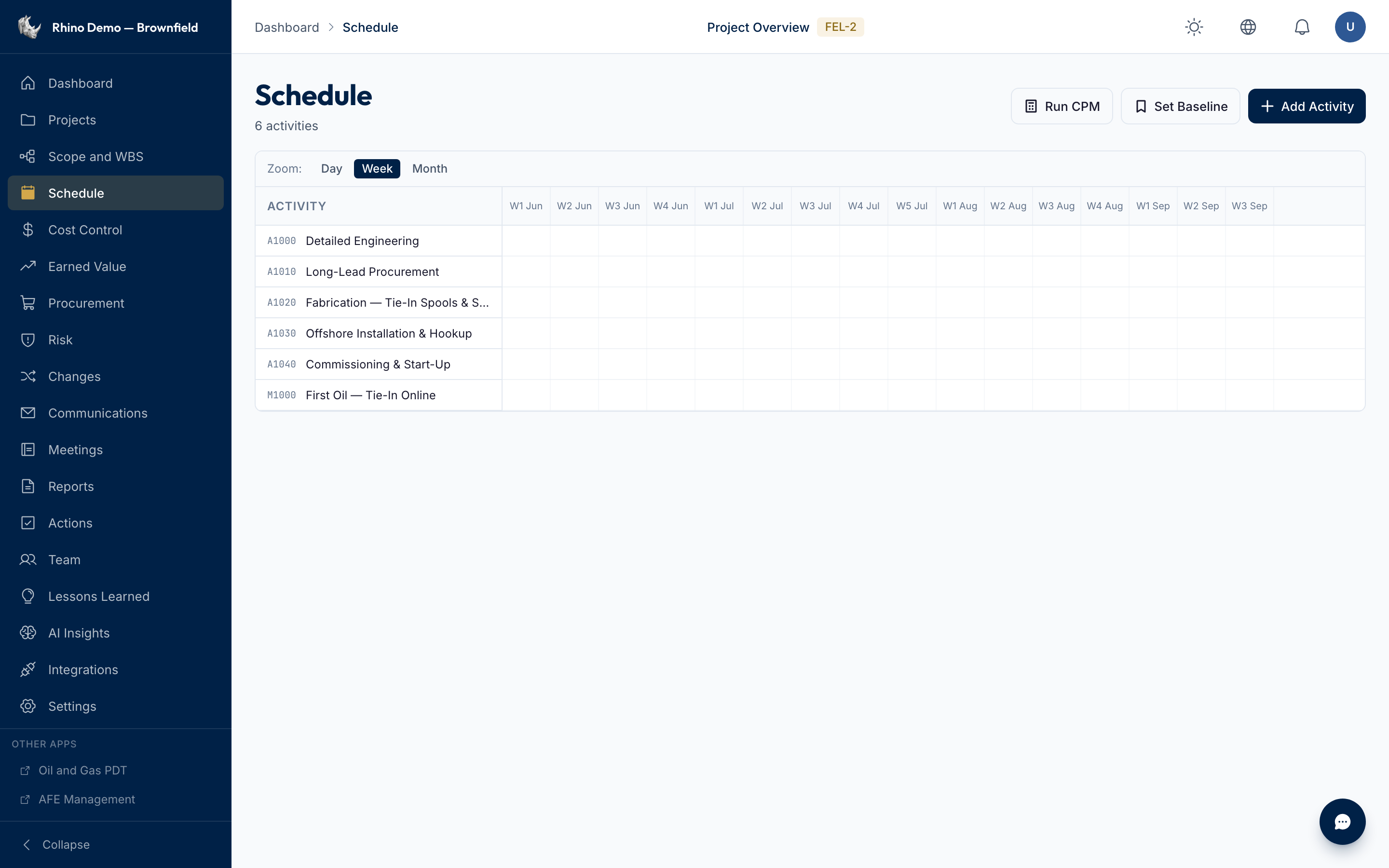CPM schedule with baselines and critical path