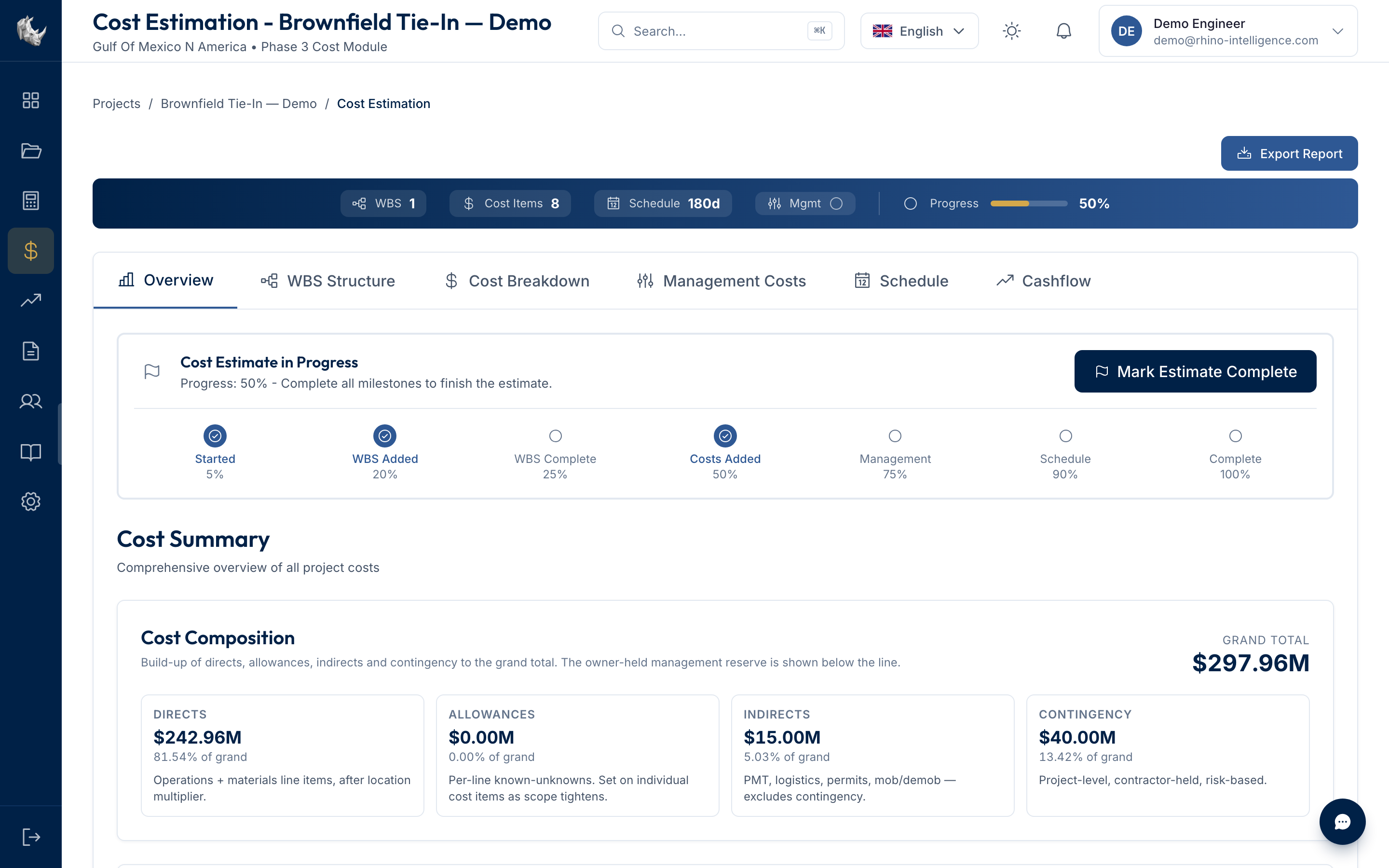 Cost estimation module with WBS breakdown tree, CAPEX categories, and contingency analysis