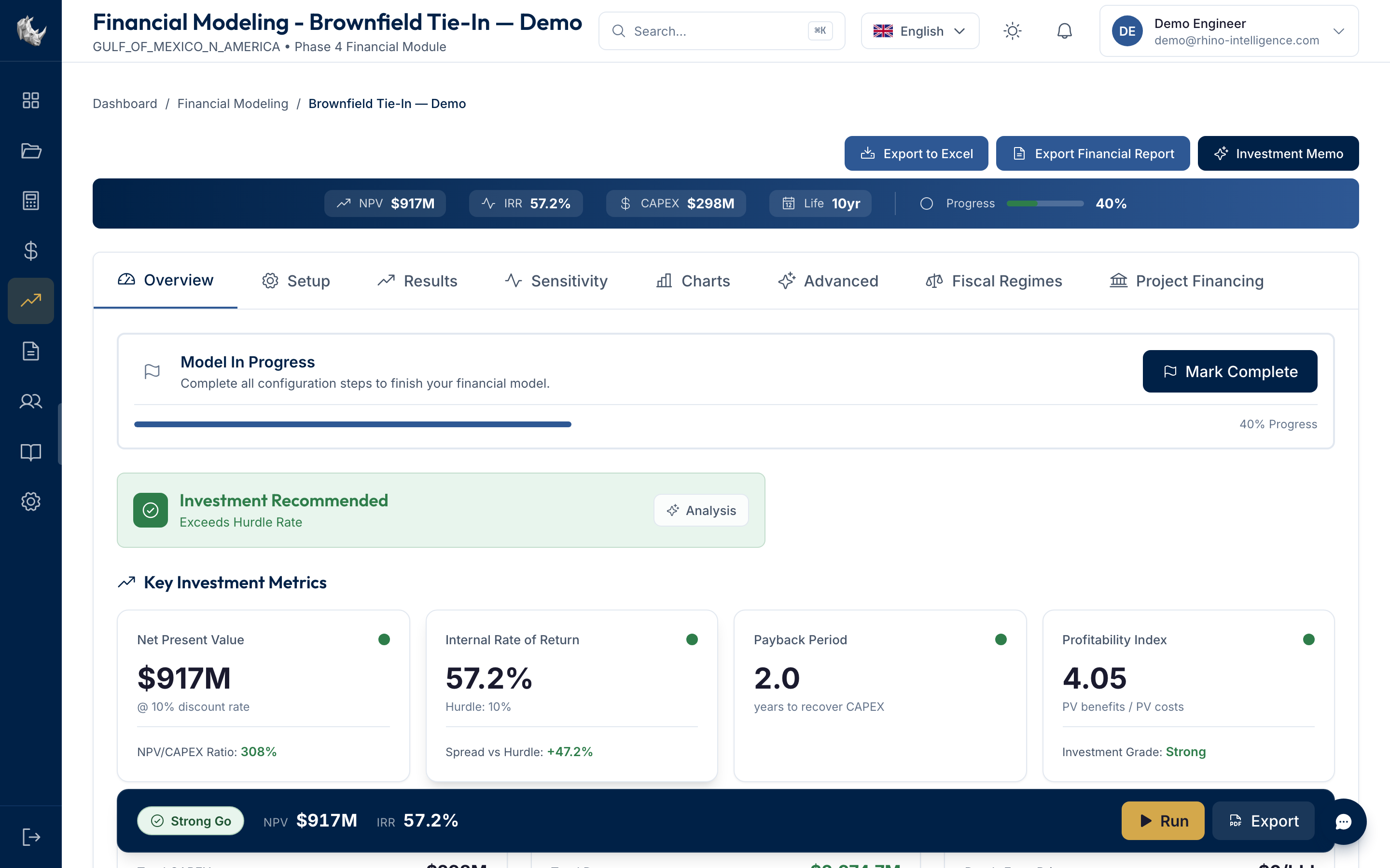 Financial modelling dashboard with NPV, IRR, payback analysis, and Monte Carlo simulation results