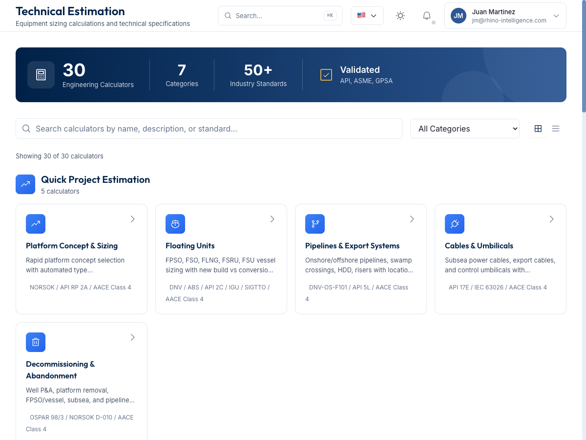 Technical sizing calculator showing separator design with real-time cost estimation and reference project benchmarks